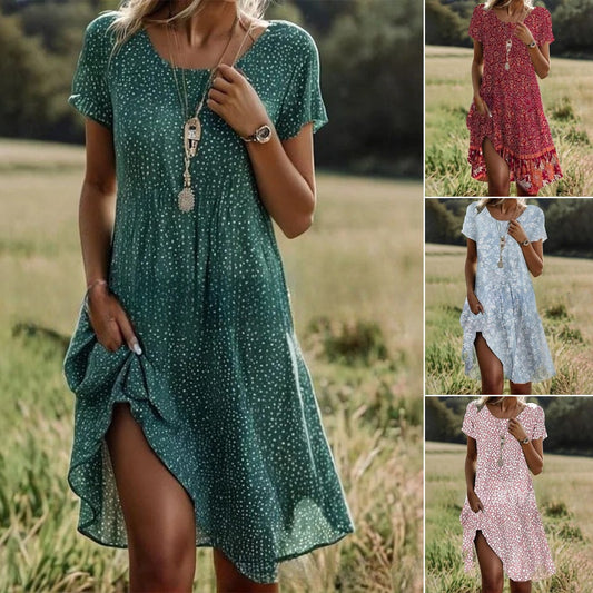 🛒📣【Ostatni dzień promocji】💖【S-3XL】👗2025 nowa sukienka na co dzień z okrągłym dekoltem i nadrukiem na wiosnę i lato