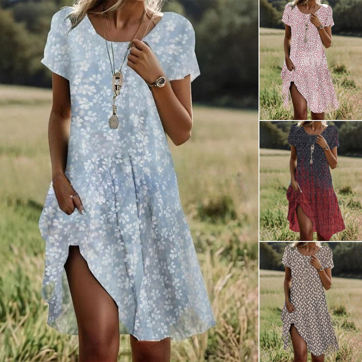 🛒📣【Ostatni dzień promocji】💖【S-3XL】👗2025 nowa sukienka na co dzień z okrągłym dekoltem i nadrukiem na wiosnę i lato