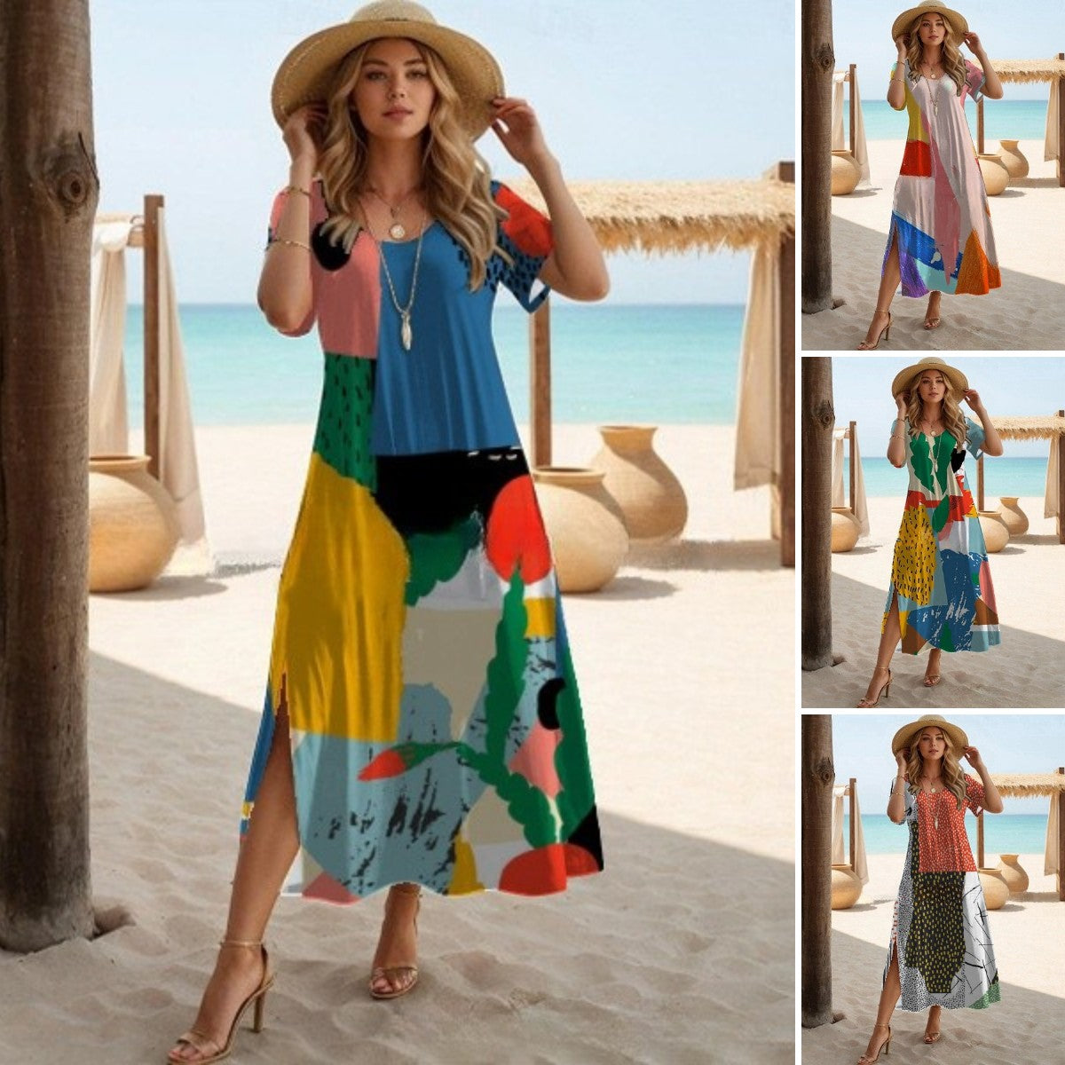 🔥✨【Ograniczona ilość】【S-3XL】🌈2025 nowa moda elegancka, swobodna, dopasowana kolorystycznie sukienka plażowa odpowiednia na wakacje nad morzem